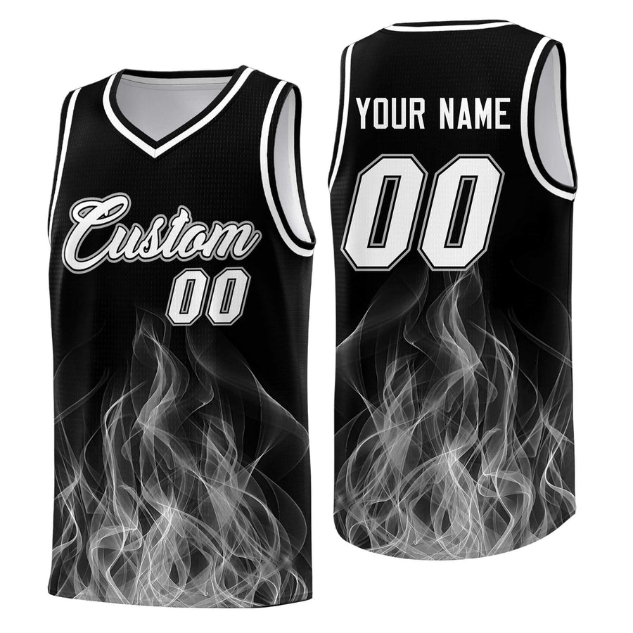 Custom Black Gray Flame Graffiti Pattern Breathable Personalized Uniform Basketball Jersey | BuyFootballJersey