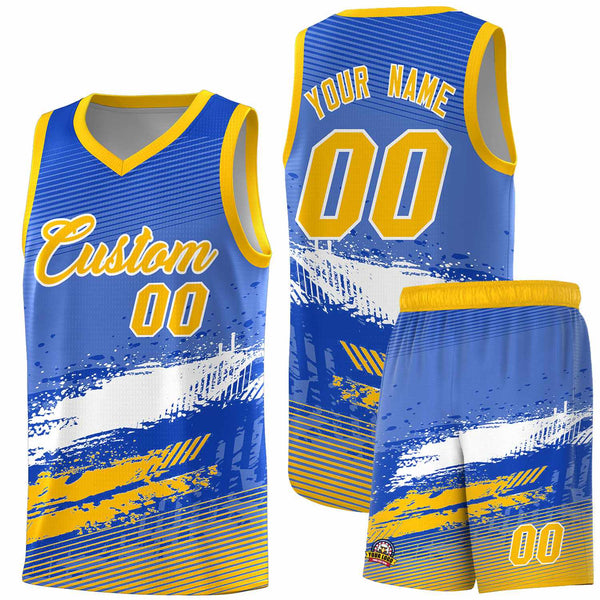 Custom Royal White and Yellow Graffiti Pattern Sports Uniform Basketball Jersey | BuyFootballJersey