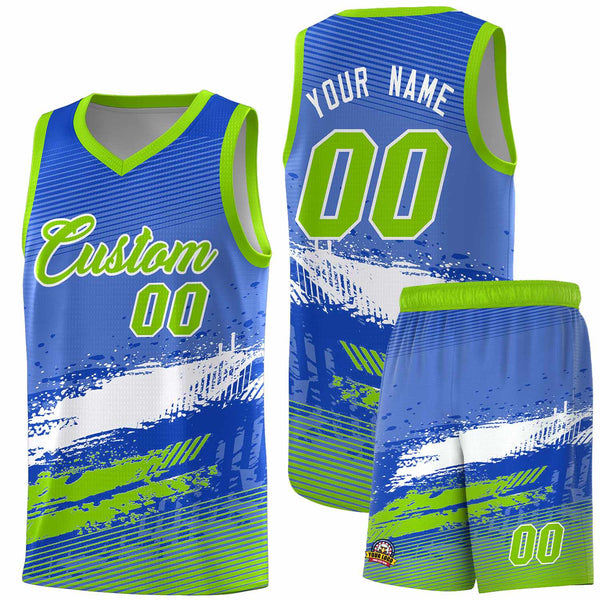 Custom Royal White and Neon Green Graffiti Pattern Sports Uniform Basketball Jersey | BuyFootballJersey