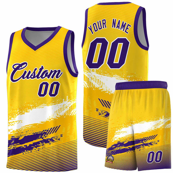 Custom Yellow White and Purple Graffiti Pattern Sports Uniform Basketball Jersey | BuyFootballJersey