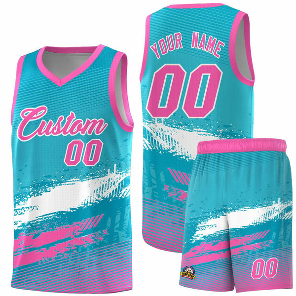 Custom Sky Blue White and Pink Graffiti Pattern Sports Uniform Basketball Jersey | BuyFootballJersey