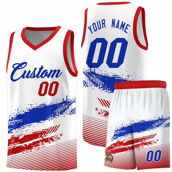 Custom White Royal and Red Graffiti Pattern Sports Uniform Basketball Jersey | BuyFootballJersey