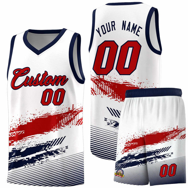 Custom White Red and Navy Graffiti Pattern Sports Uniform Basketball Jersey | BuyFootballJersey