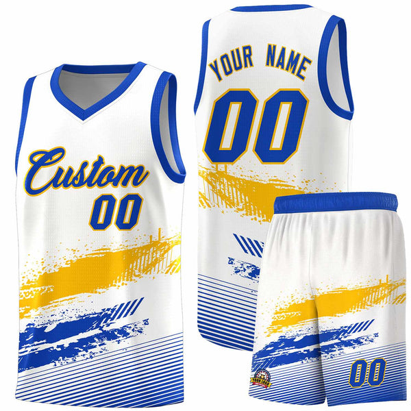 Custom White Yellow and Royal Graffiti Pattern Sports Uniform Basketball Jersey | BuyFootballJersey