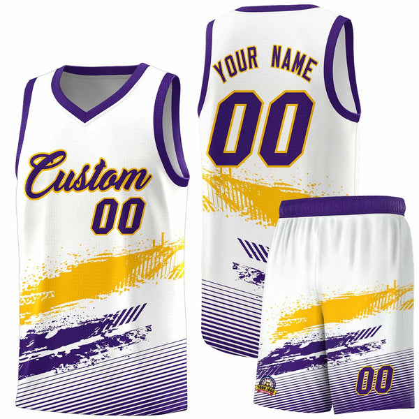 Custom White Yellow and Purple Graffiti Pattern Sports Uniform Basketball Jersey | BuyFootballJersey