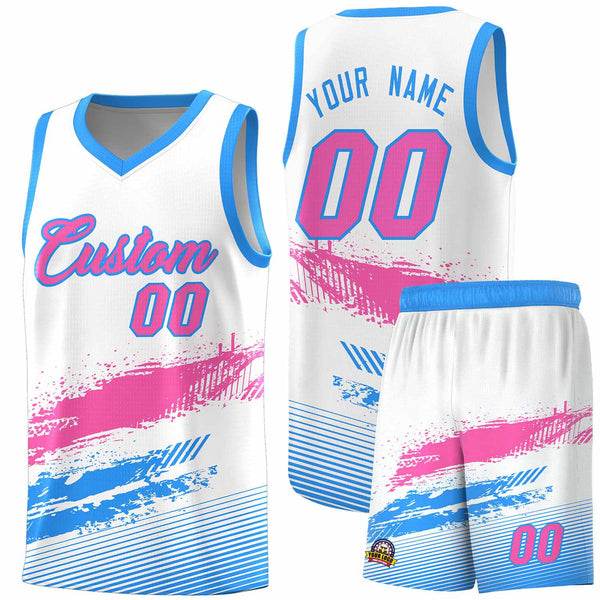 Custom White Pink and Powder Blue Graffiti Pattern Sports Uniform Basketball Jersey | BuyFootballJersey