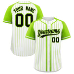Custom White Neon Green Stripe Fashion Raglan Sleeves Baseball Jersey | BuyFootballJersey