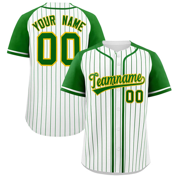 Custom White Kelly Green Stripe Fashion Raglan Sleeves Baseball Jersey | BuyFootballJersey