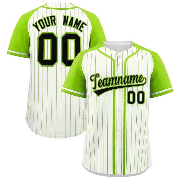 Custom White Neon Green Stripe Fashion Raglan Sleeves Baseball Jersey | BuyFootballJersey