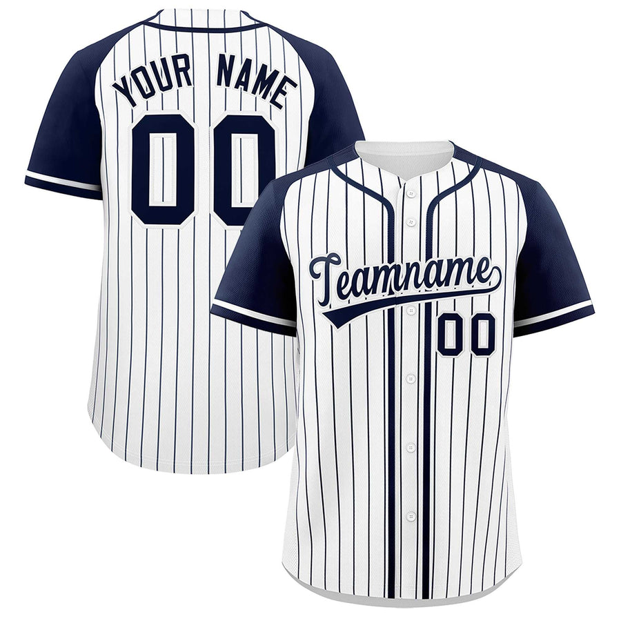 Custom White Navy Stripe Fashion Raglan Sleeves Baseball Jersey | BuyFootballJersey
