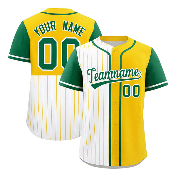 Custom White Gold and Kelly Green Pinstripe Personalized Raglan Sleeves Baseball Jersey | BuyFootballJersey