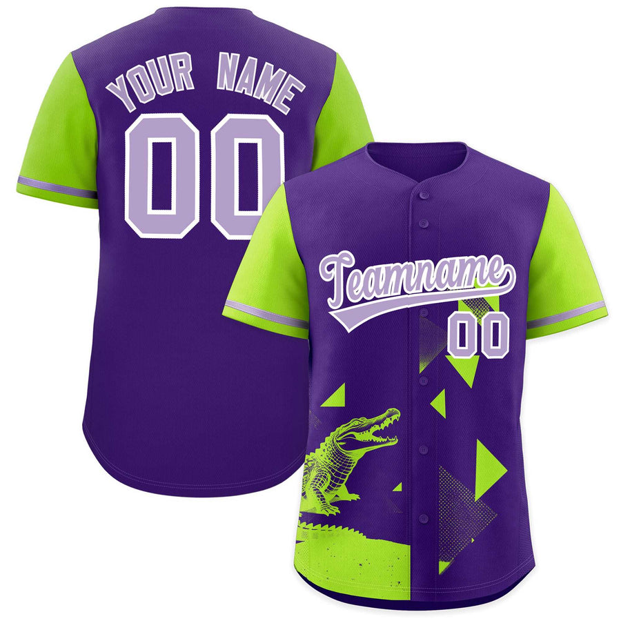 Custom Neon Green Purple Raptor Series Raglan Sleeves Hip Hop Baseball Jersey | BuyFootballJersey