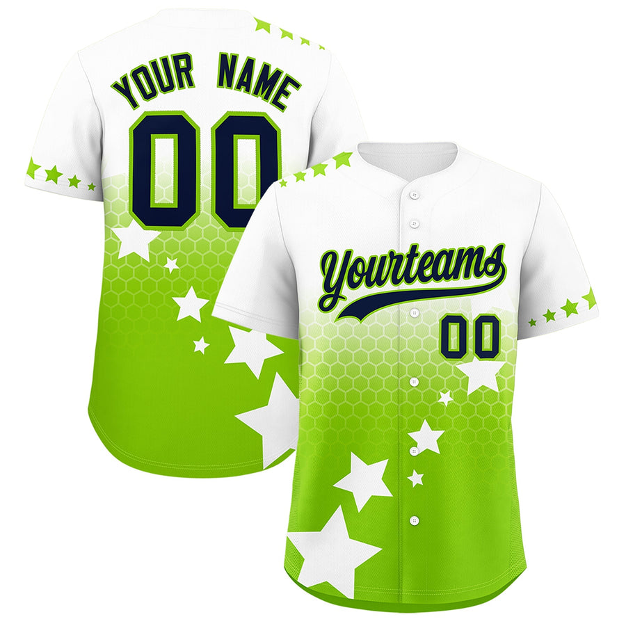 Custom White Neon Green Navy Rising Stars Series Gradient Fashion Baseball Jersey | BuyFootballJersey