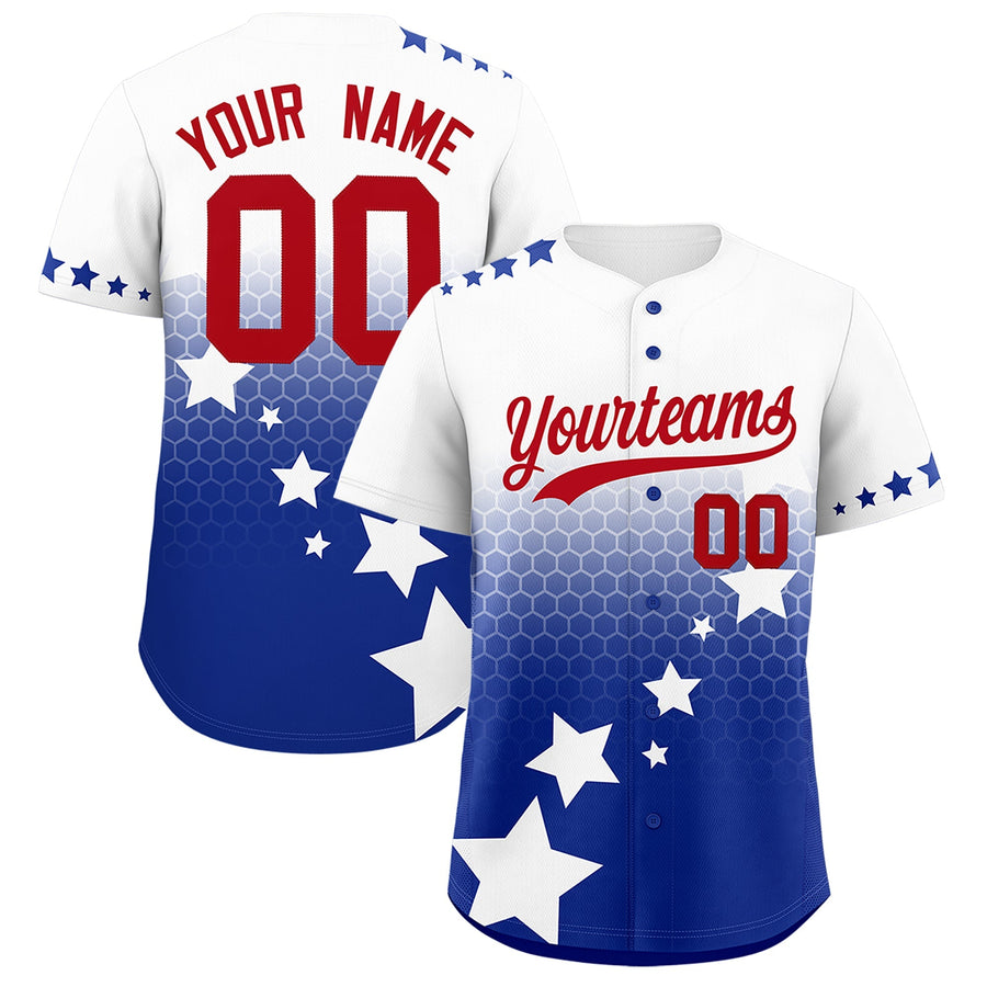 Custom White Royal Blue Red Rising Stars Series Gradient Fashion Baseball Jersey | BuyFootballJersey