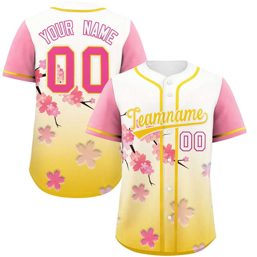 Custom Gold Pink Cherry Blossom Graffiti Pattern Baseball Jersey | BuyFootballJersey