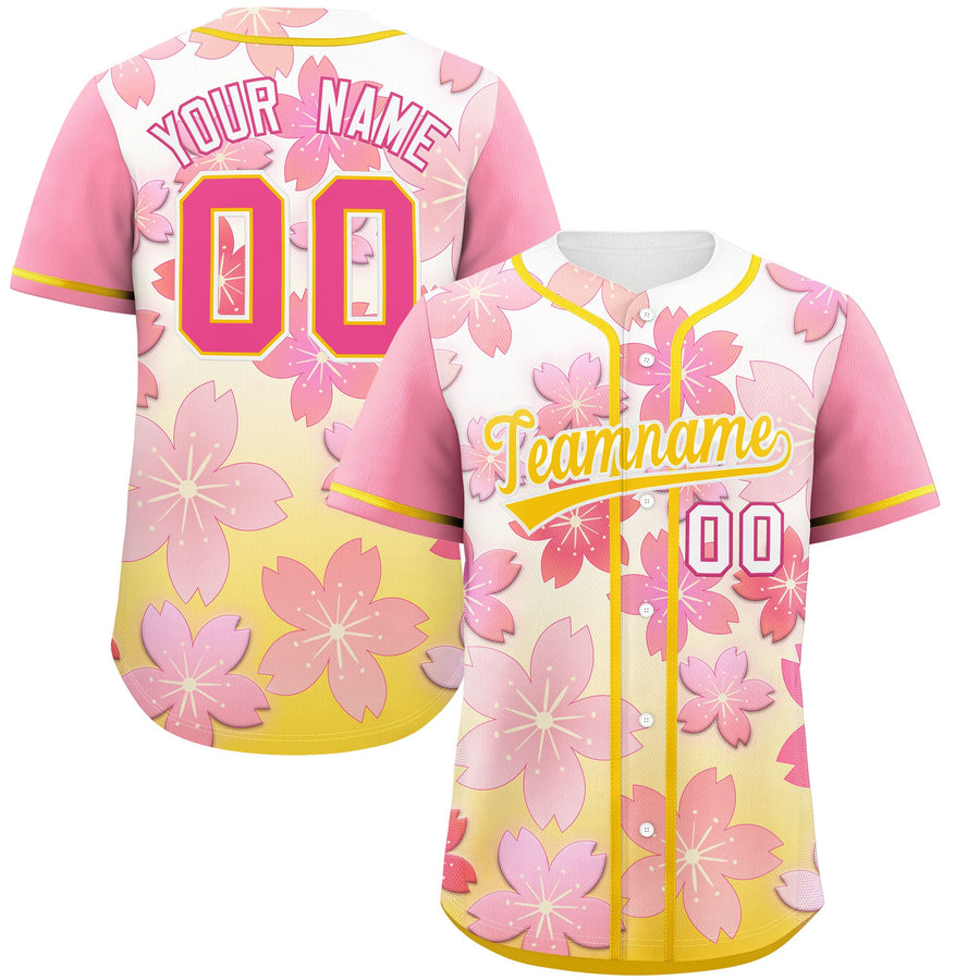Custom Gold Pink Cherry Blossom Graffiti Pattern Baseball Jersey | BuyFootballJersey