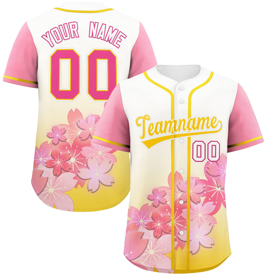 Custom Gold Pink Cherry Blossom Graffiti Pattern Baseball Jersey | BuyFootballJersey