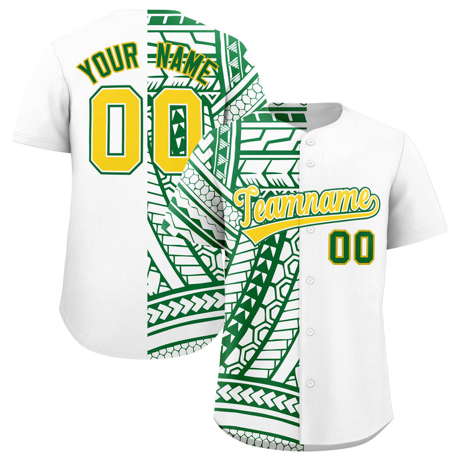 Custom White Kelly Green Split Fashion Tribal Pattern Baseball Jersey | BuyFootballJersey