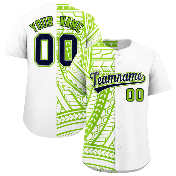 Custom White Neon Green Split Fashion Tribal Pattern Baseball Jersey | BuyFootballJersey