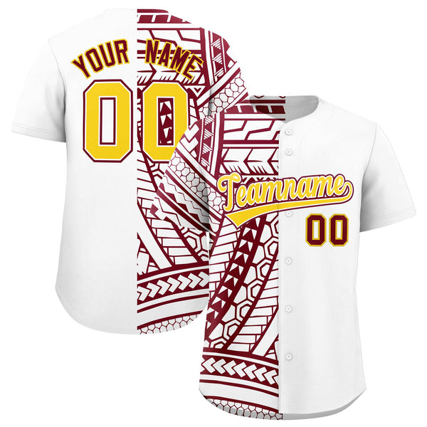 Custom White Crimson Split Fashion Tribal Pattern Baseball Jersey | BuyFootballJersey