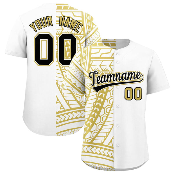 Custom White Old Gold Split Fashion Tribal Pattern Baseball Jersey | BuyFootballJersey