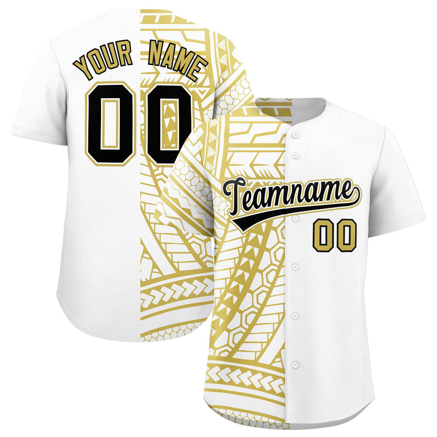 Custom White Old Gold Split Fashion Tribal Pattern Baseball Jersey | BuyFootballJersey
