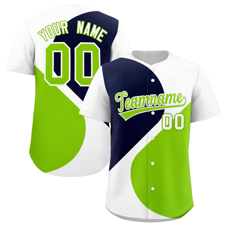 Custom White Navy-Neon Green Color Block Personalized Half Heart Pattern Baseball Jersey | BuyFootballJersey