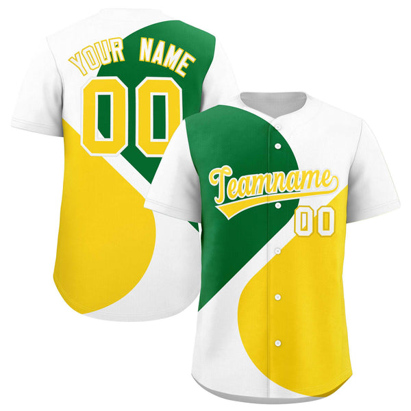 Custom White Kelly Green-Gold Color Block Personalized Half Heart Pattern Baseball Jersey | BuyFootballJersey