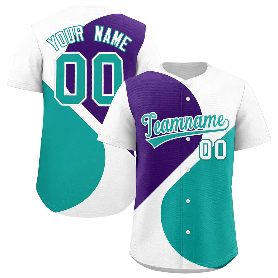 Custom White Purple-Aqua Color Block Personalized Half Heart Pattern Baseball Jersey | BuyFootballJersey