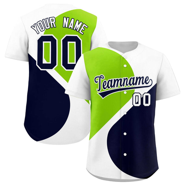 Custom White Neon Green-Navy Color Block Personalized Half Heart Pattern Baseball Jersey | BuyFootballJersey