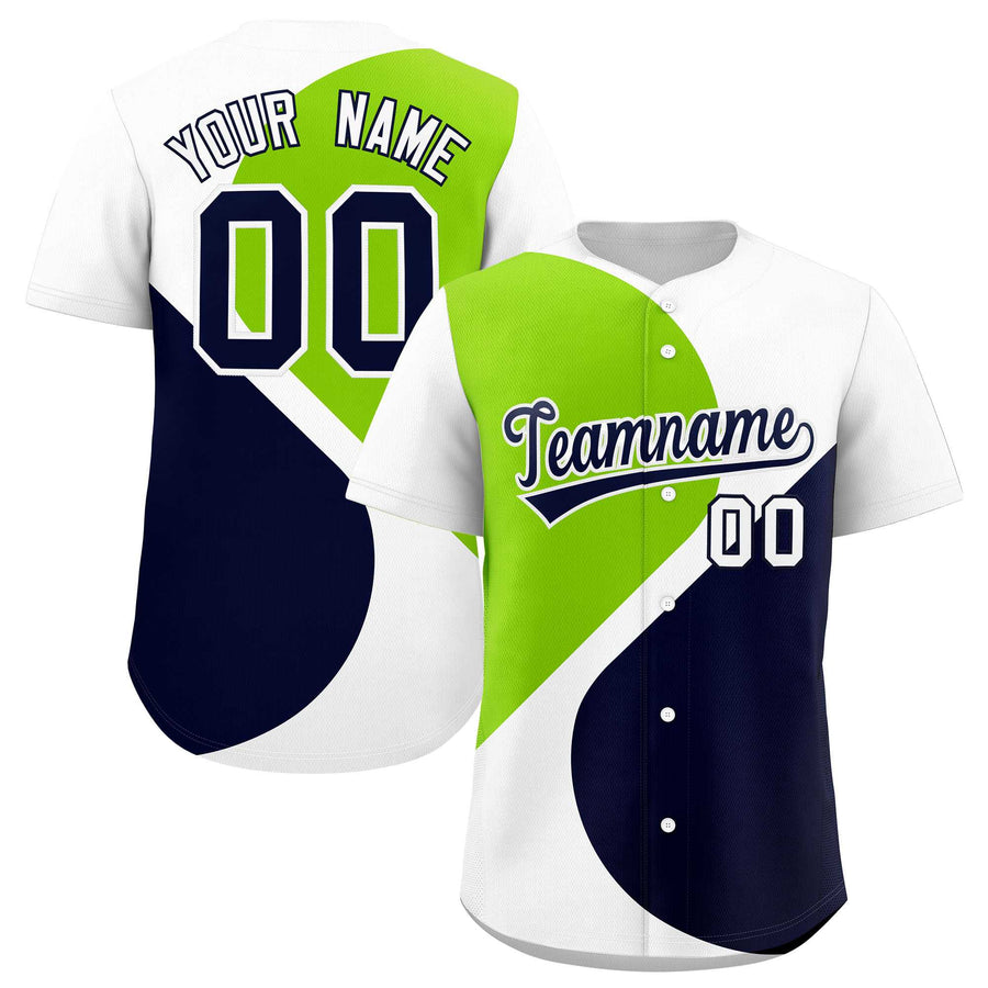 Custom White Neon Green-Navy Color Block Personalized Half Heart Pattern Baseball Jersey | BuyFootballJersey