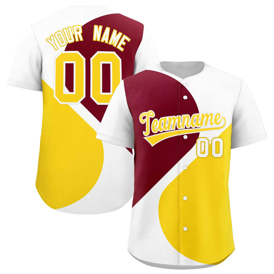 Custom White Crimson-Gold Color Block Personalized Half Heart Pattern Baseball Jersey | BuyFootballJersey