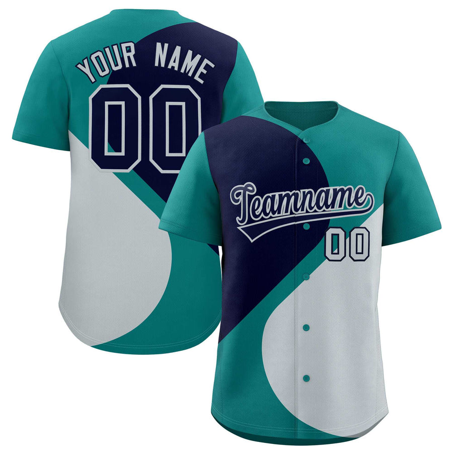 Custom Aqua Navy-Silver Color Block Personalized Half Heart Pattern Baseball Jersey | BuyFootballJersey