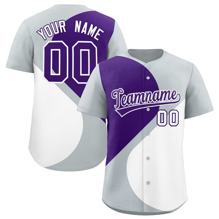 Custom Silver Purple-White Color Block Personalized Half Heart Pattern Baseball Jersey | BuyFootballJersey