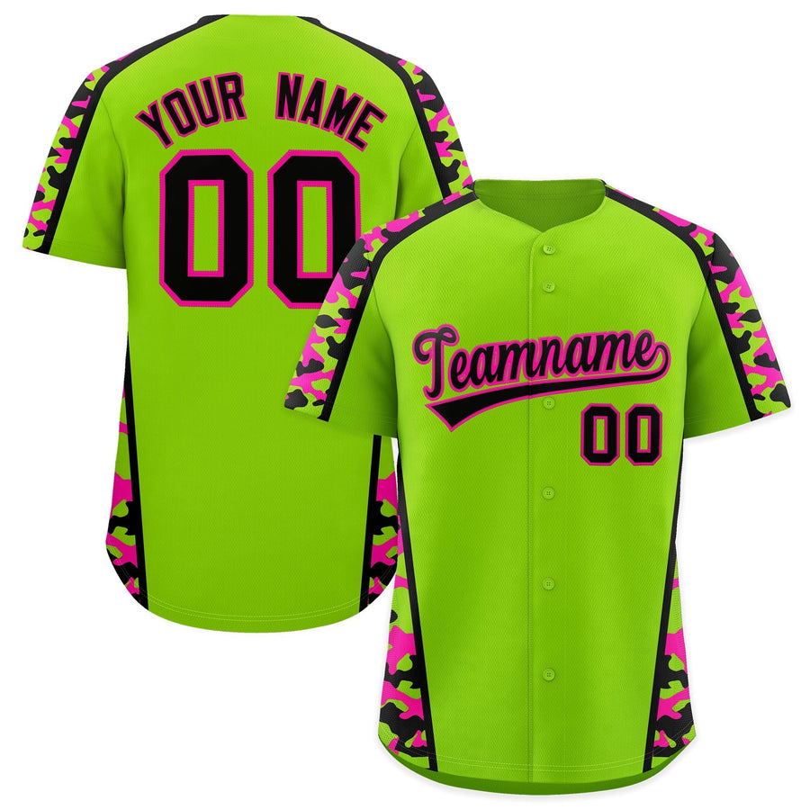 Custom Neon Green Black Pink Side Camo Style Personalization Baseball Jersey | BuyFootballJersey