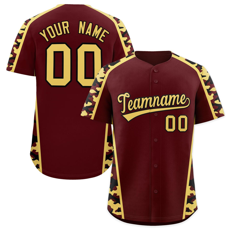 Custom Burgundy Khaki Side Camo Style Personalization Baseball Jersey | BuyFootballJersey