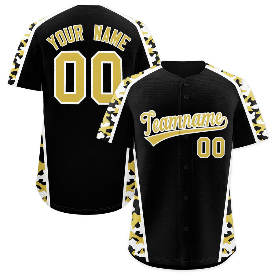 Custom Black Old Gold Side Camo Style Personalization Baseball Jersey | BuyFootballJersey