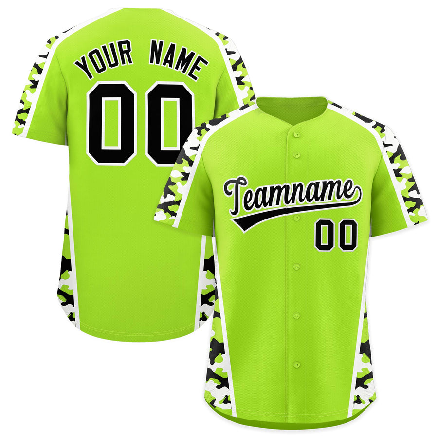 Custom Neon Green Black White Side Camo Style Personalization Baseball Jersey | BuyFootballJersey