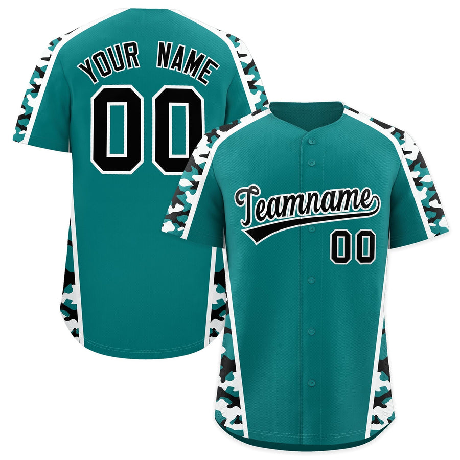 Custom Teal Black White Side Camo Style Personalization Baseball Jersey | BuyFootballJersey