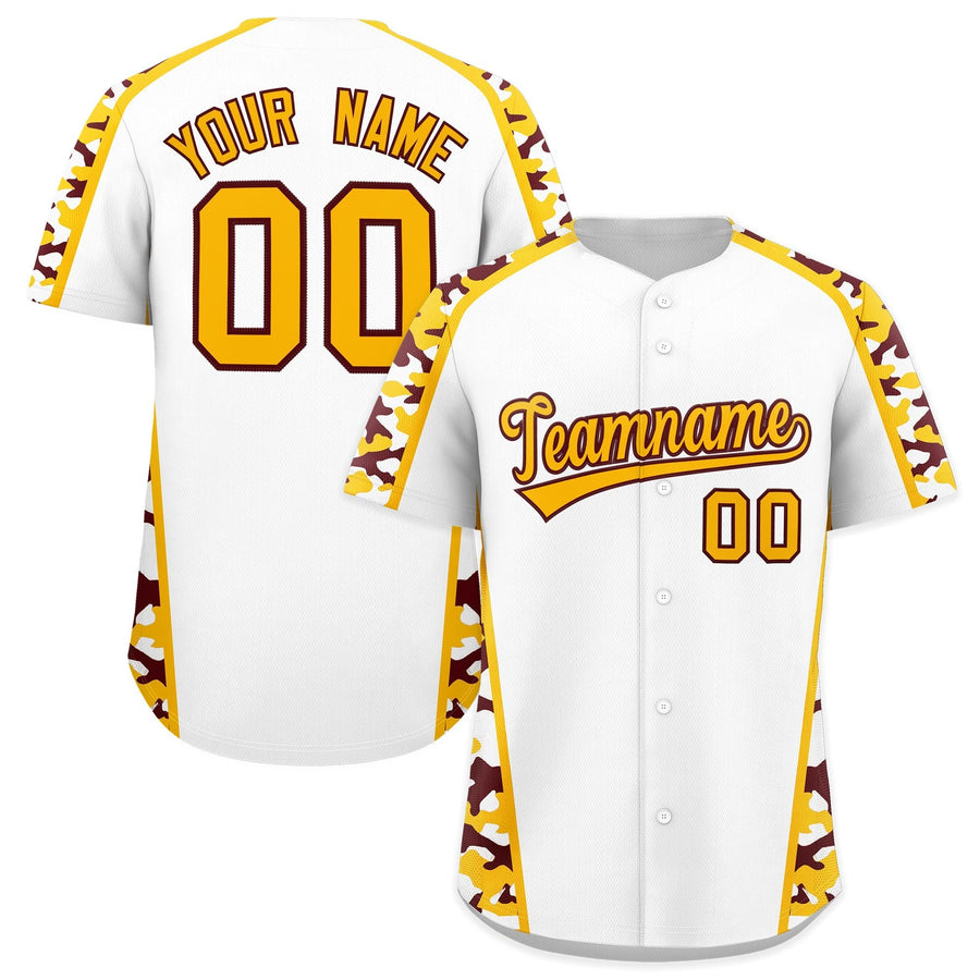 Custom White Yellow Side Camo Style Personalization Baseball Jersey | BuyFootballJersey
