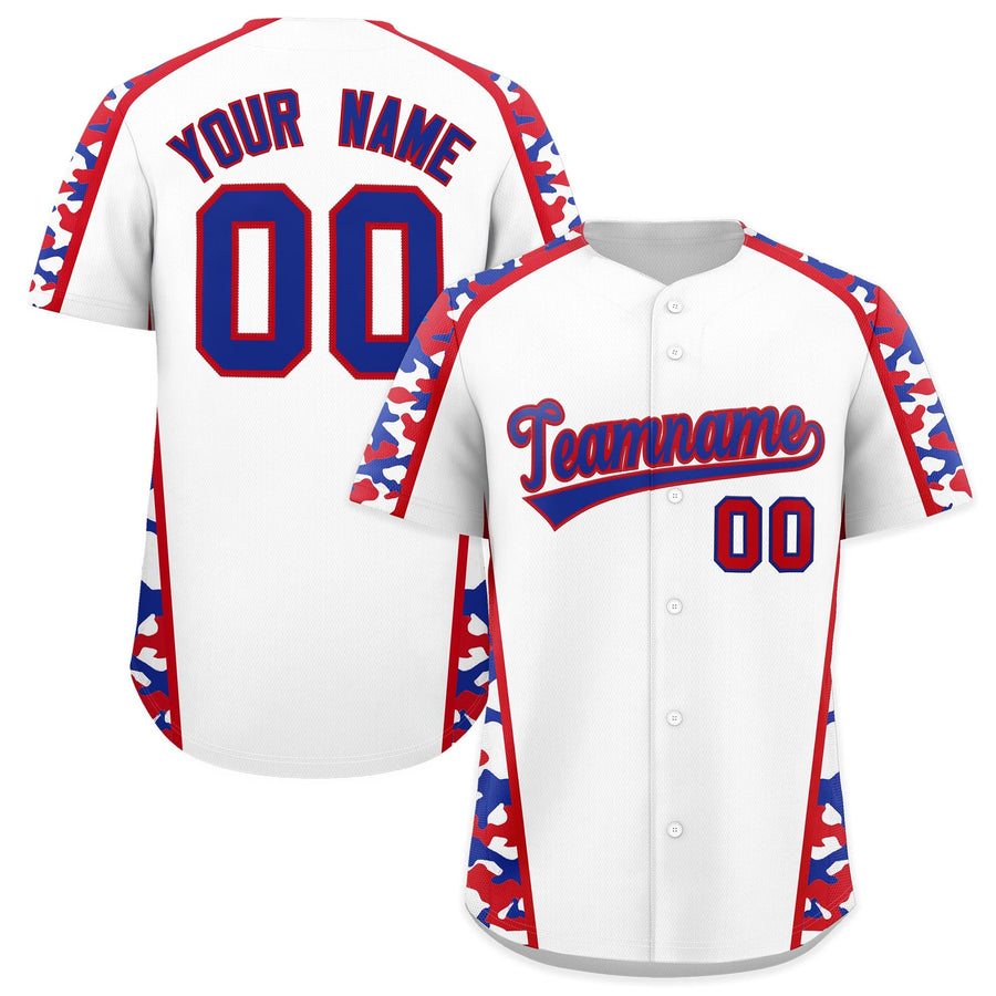Custom White Royal Blue Side Camo Style Personalization Baseball Jersey | BuyFootballJersey