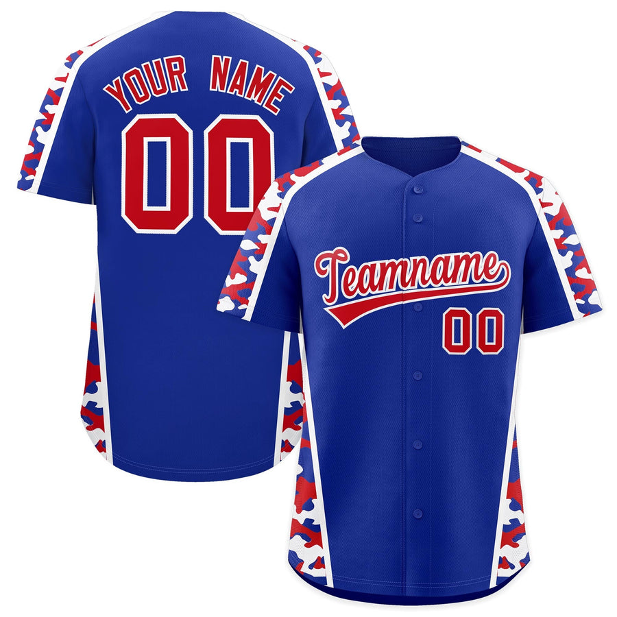 Custom Royal Blue Red Side Camo Style Personalization Baseball Jersey | BuyFootballJersey