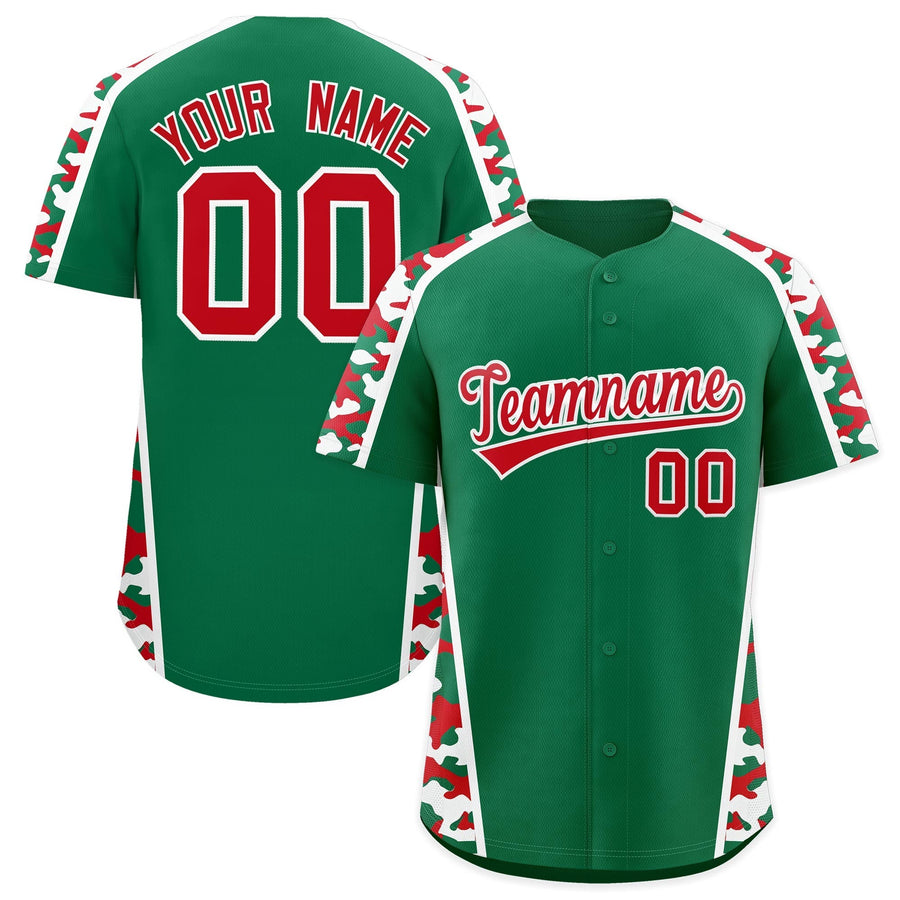 Custom Kelly Green Red Side Camo Style Personalization Baseball Jersey | BuyFootballJersey