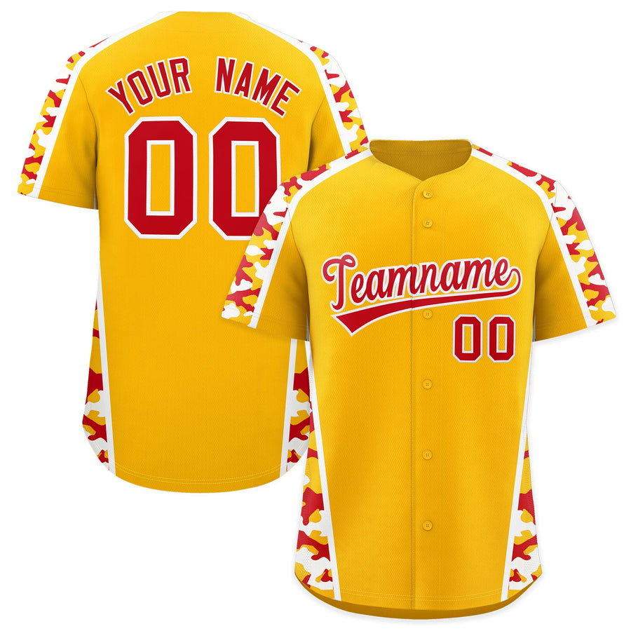 Custom Yellow Red Side Camo Style Personalization Baseball Jersey | BuyFootballJersey