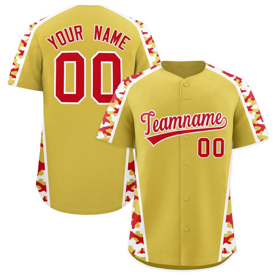 Custom Old Gold Red Side Camo Style Personalization Baseball Jersey | BuyFootballJersey