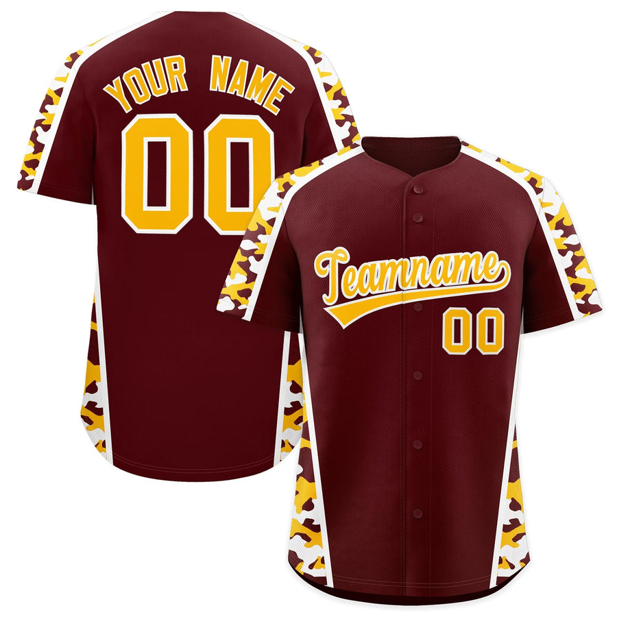 Custom Burgundy Yellow Side Camo Style Personalization Baseball Jersey | BuyFootballJersey