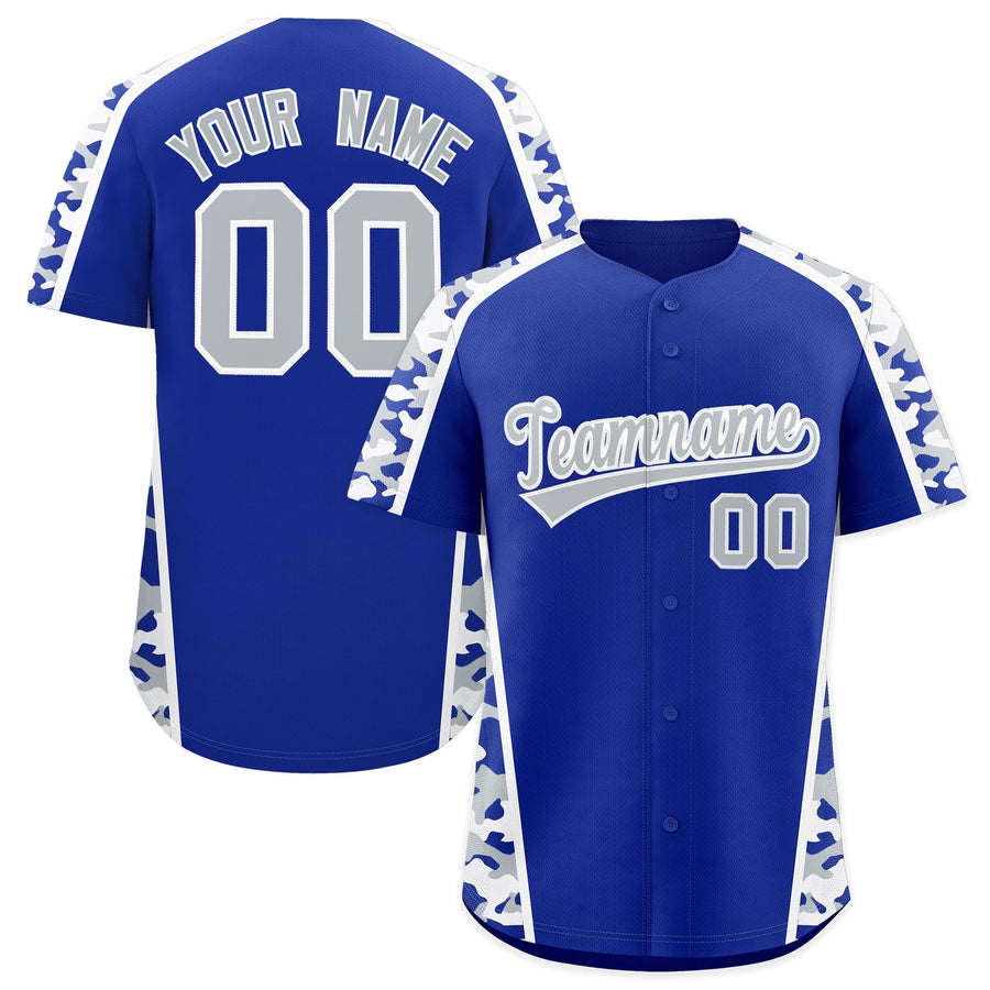 Custom Royal Blue Silver Side Camo Style Personalization Baseball Jersey | BuyFootballJersey