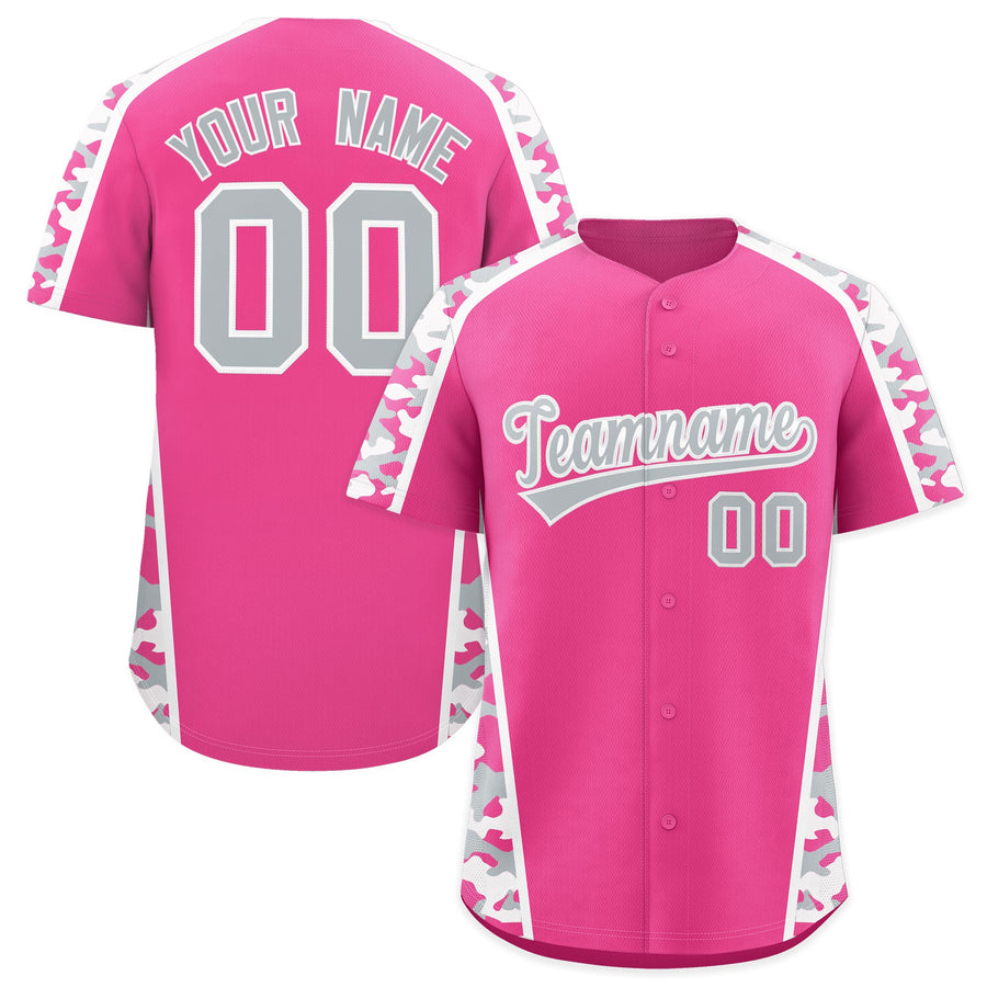 Custom Pink Silver Side Camo Style Personalization Baseball Jersey | BuyFootballJersey