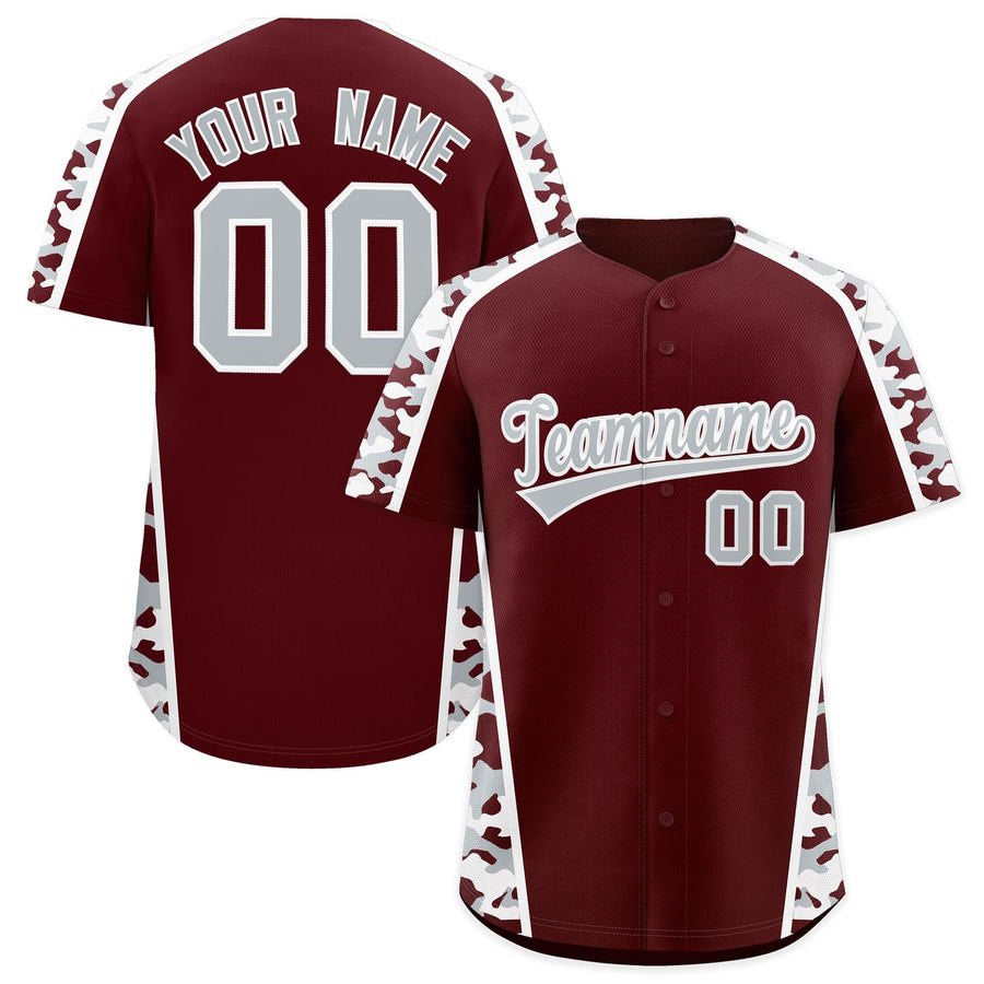 Custom Burgundy Silver Side Camo Style Personalization Baseball Jersey | BuyFootballJersey