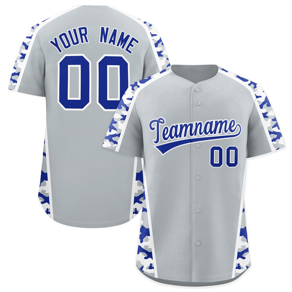 Custom Silver Royal Blue Side Camo Style Personalization Baseball Jersey | BuyFootballJersey